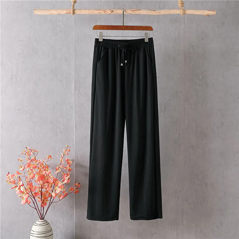 Slim Look Long Pants Loose Elegant High Waist Ice Silk Drape Straight Floor Length Wide Leg Women Pants