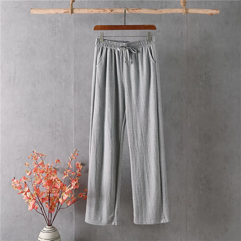 Slim Look Long Pants Loose Elegant High Waist Ice Silk Drape Straight Floor Length Wide Leg Women Pants