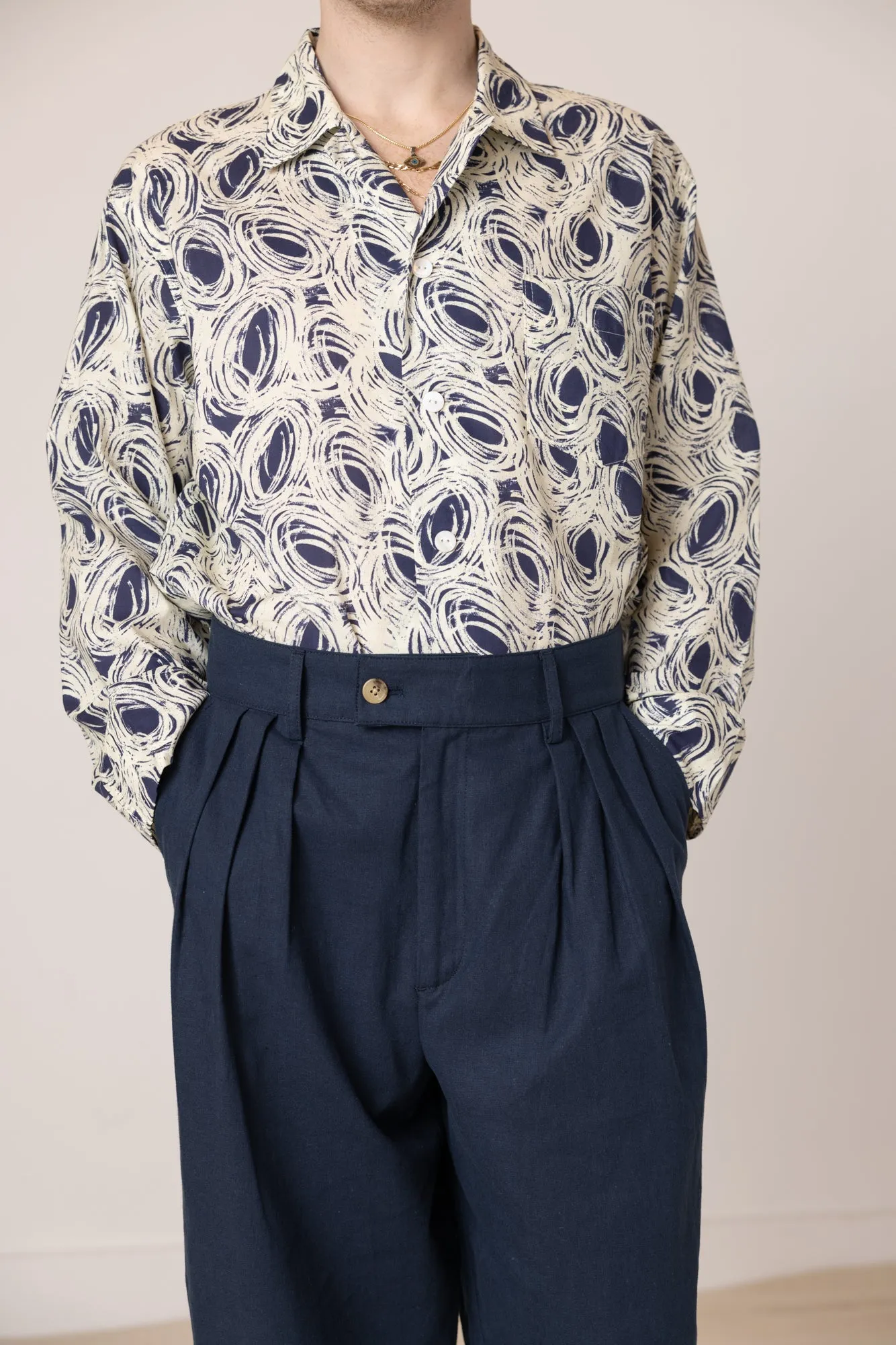 Sol Pleated Trouser - Navy Cotton Linen