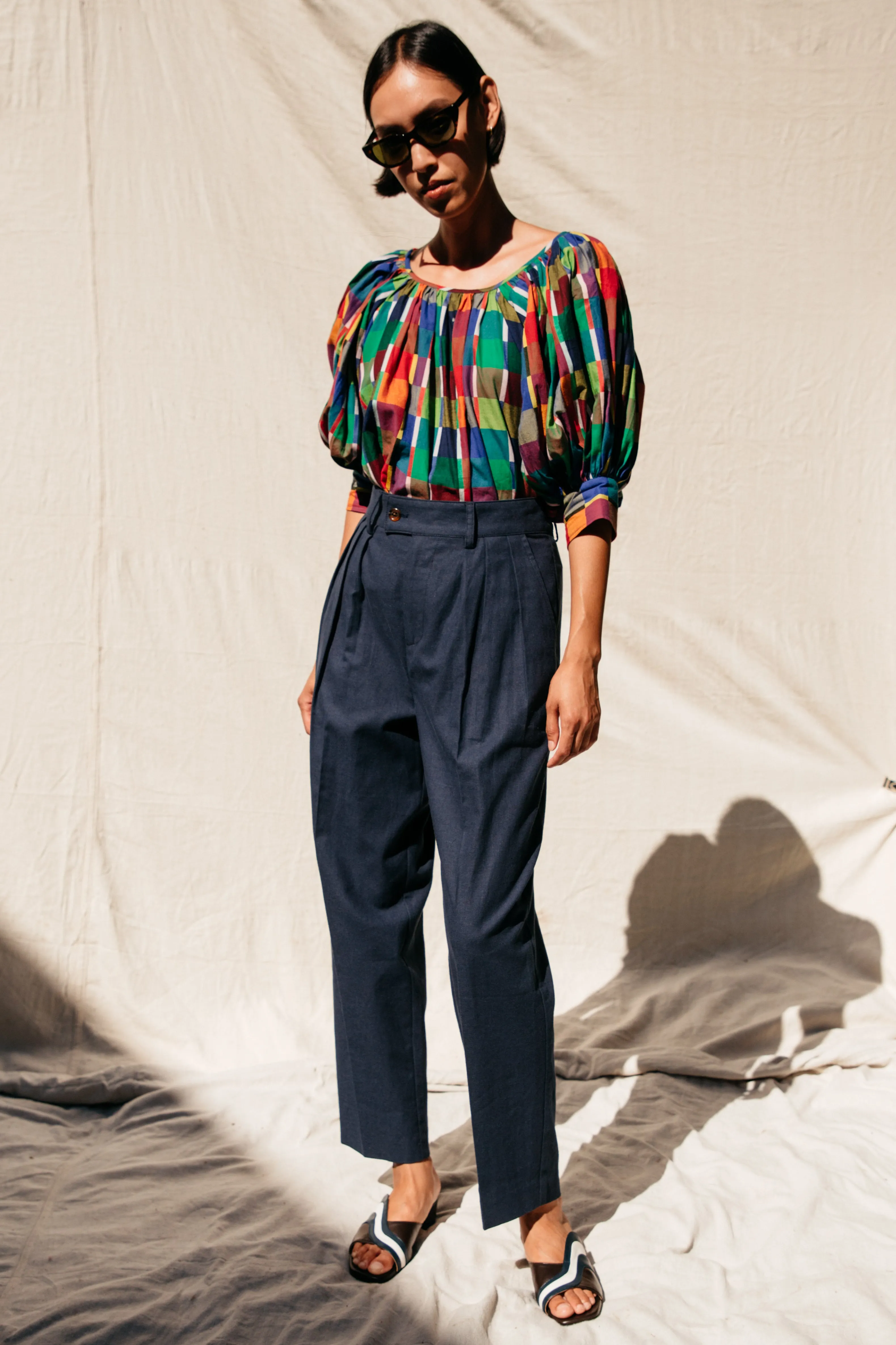 Sol Pleated Trouser - Navy Cotton Linen