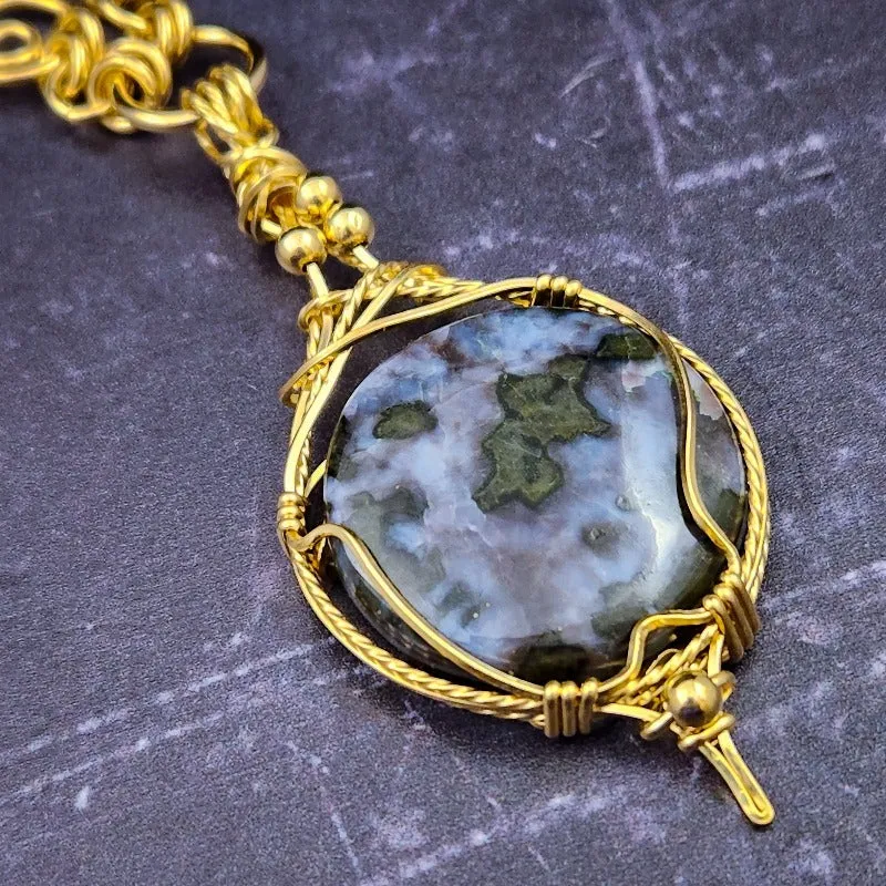 SOLD - READY TO SHIP INFINITY SOFT LOCKING CHAIN COLLAR, Gold with Ocean Jasper, One of A Kind