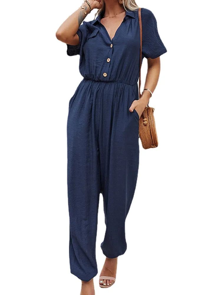Solid Color Button Pocket High Elastic Waist Loose Jumpsuit
