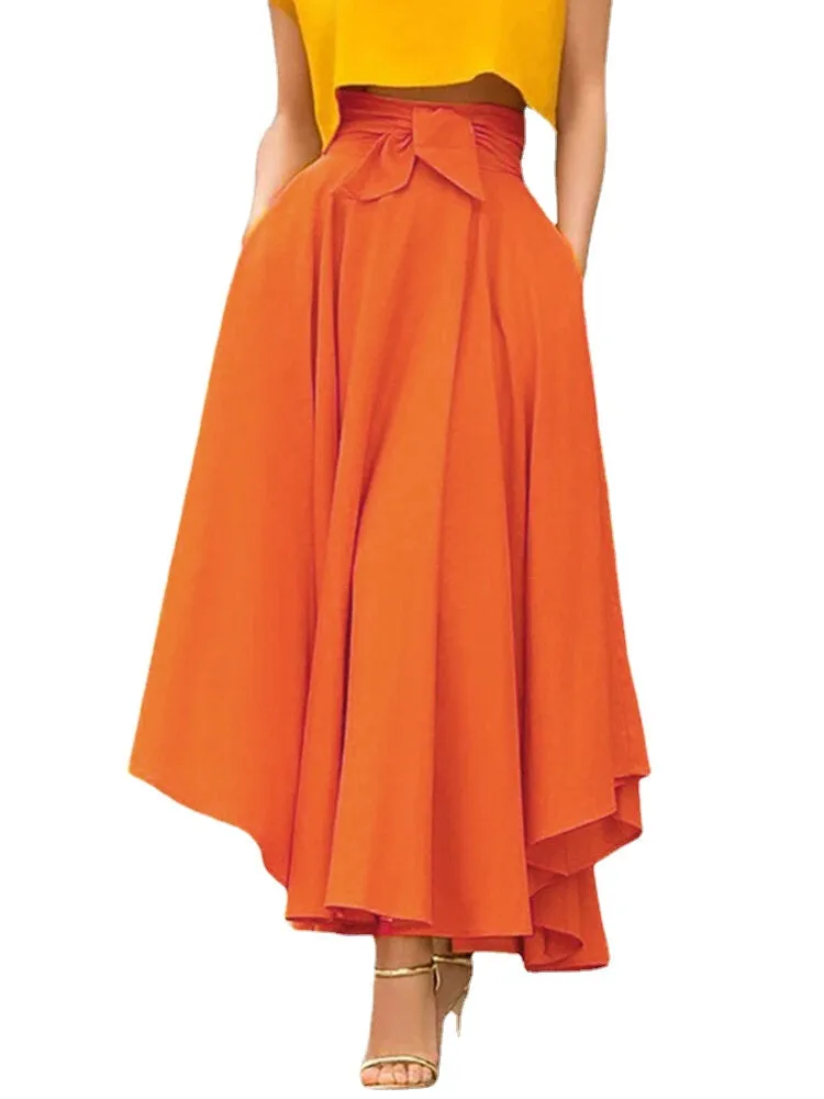 Solid Color High Waist Belted Side Zipper Irregular Hem Casual Skirts