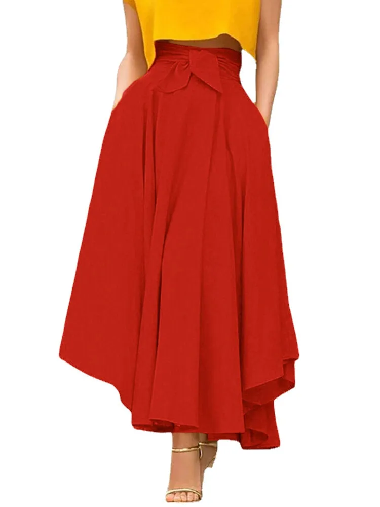 Solid Color High Waist Belted Side Zipper Irregular Hem Casual Skirts