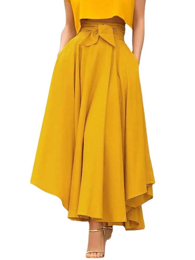 Solid Color High Waist Belted Side Zipper Irregular Hem Casual Skirts