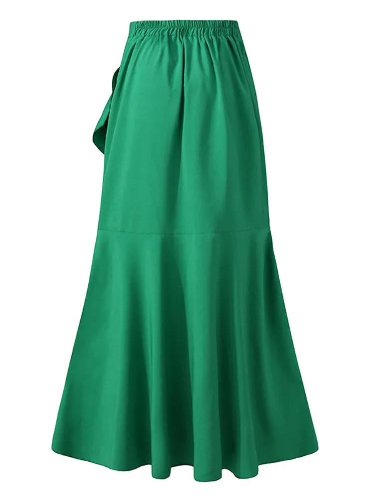 Solid Color High Waist Ruffle High Low Hem Swing Maxi Skirts For Women