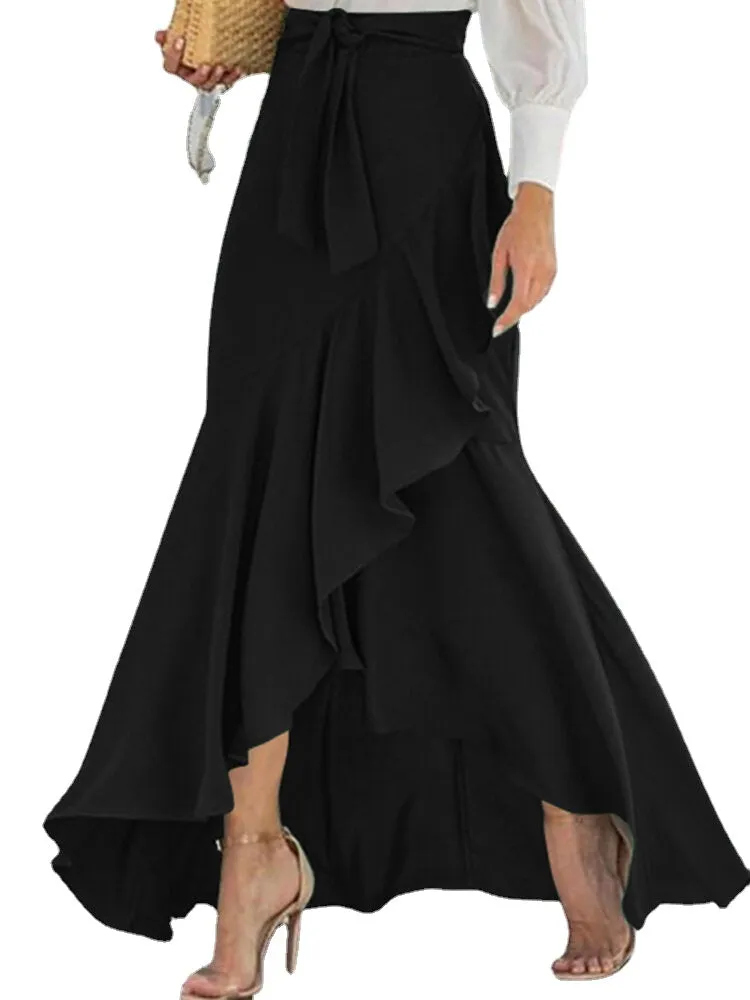 Solid Color High Waist Ruffle High Low Hem Swing Maxi Skirts For Women