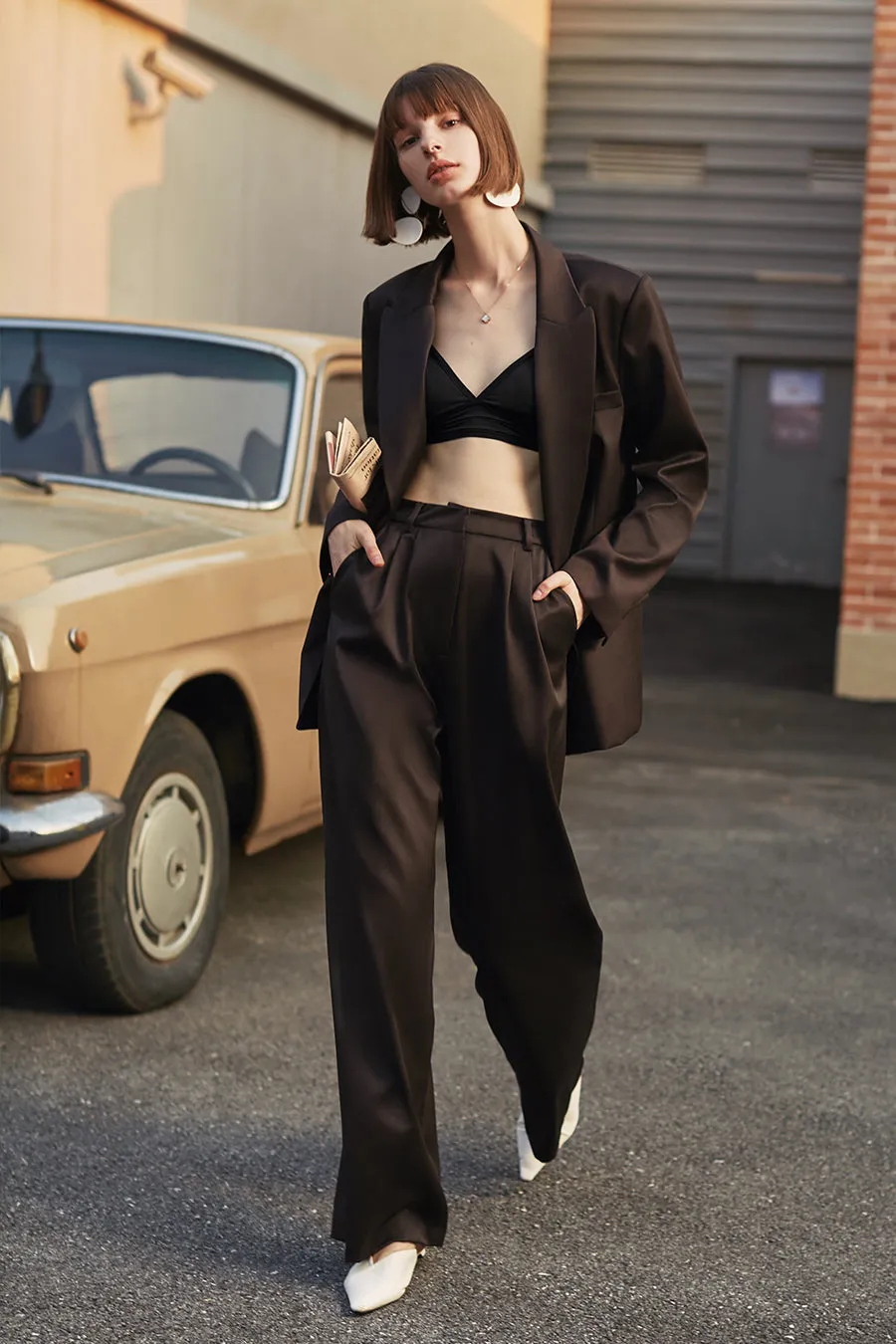 Solid color retro high waist wide leg pants