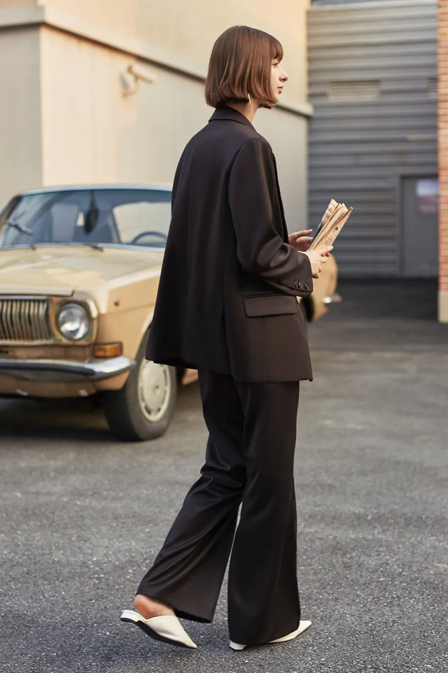 Solid color retro high waist wide leg pants