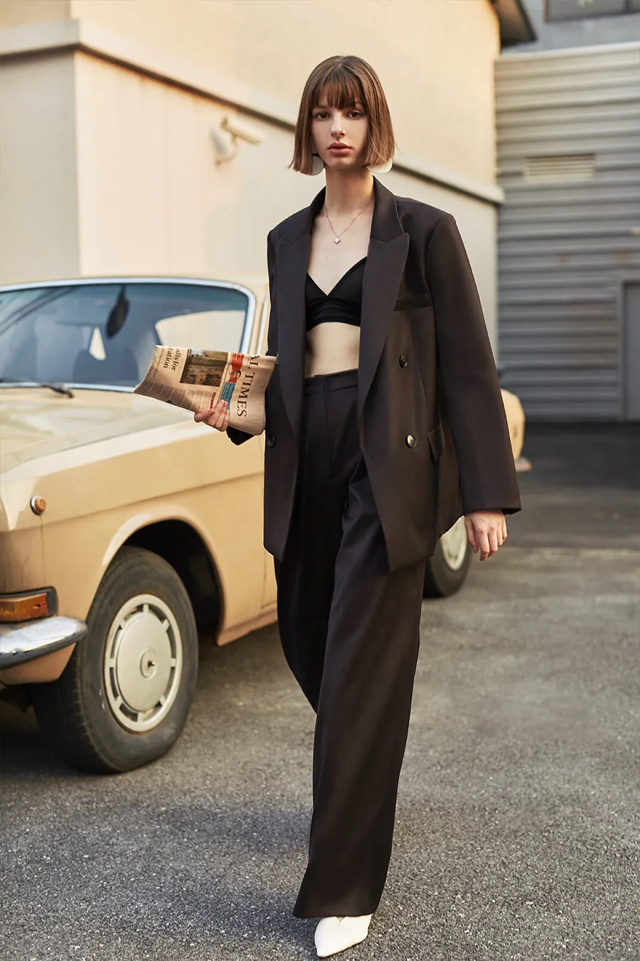 Solid color retro high waist wide leg pants