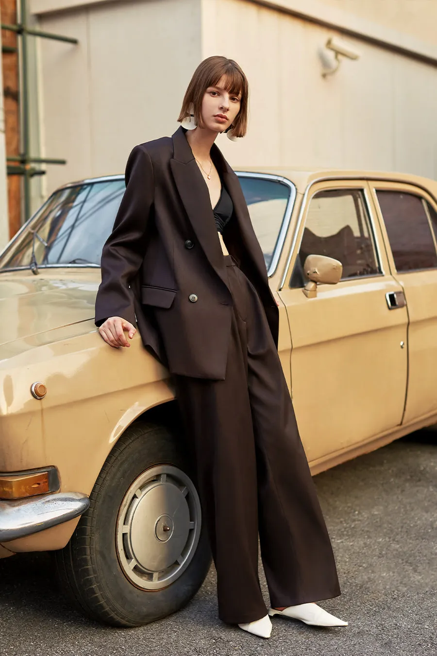 Solid color retro high waist wide leg pants