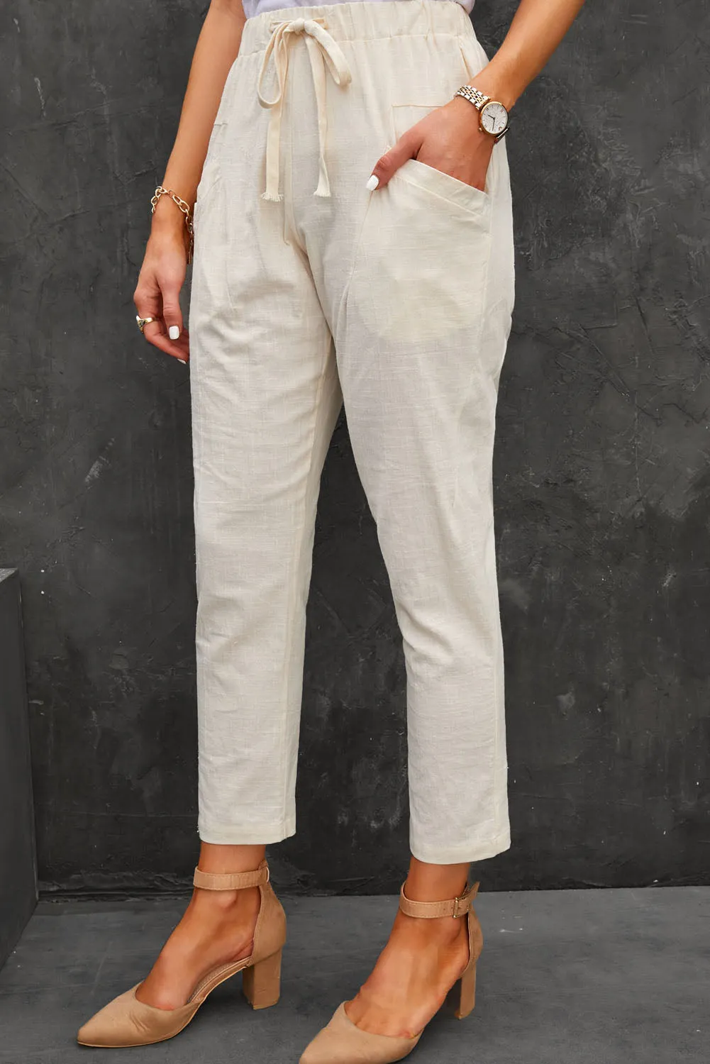 Solid Drawstring High Waist Pants with Side Pockets