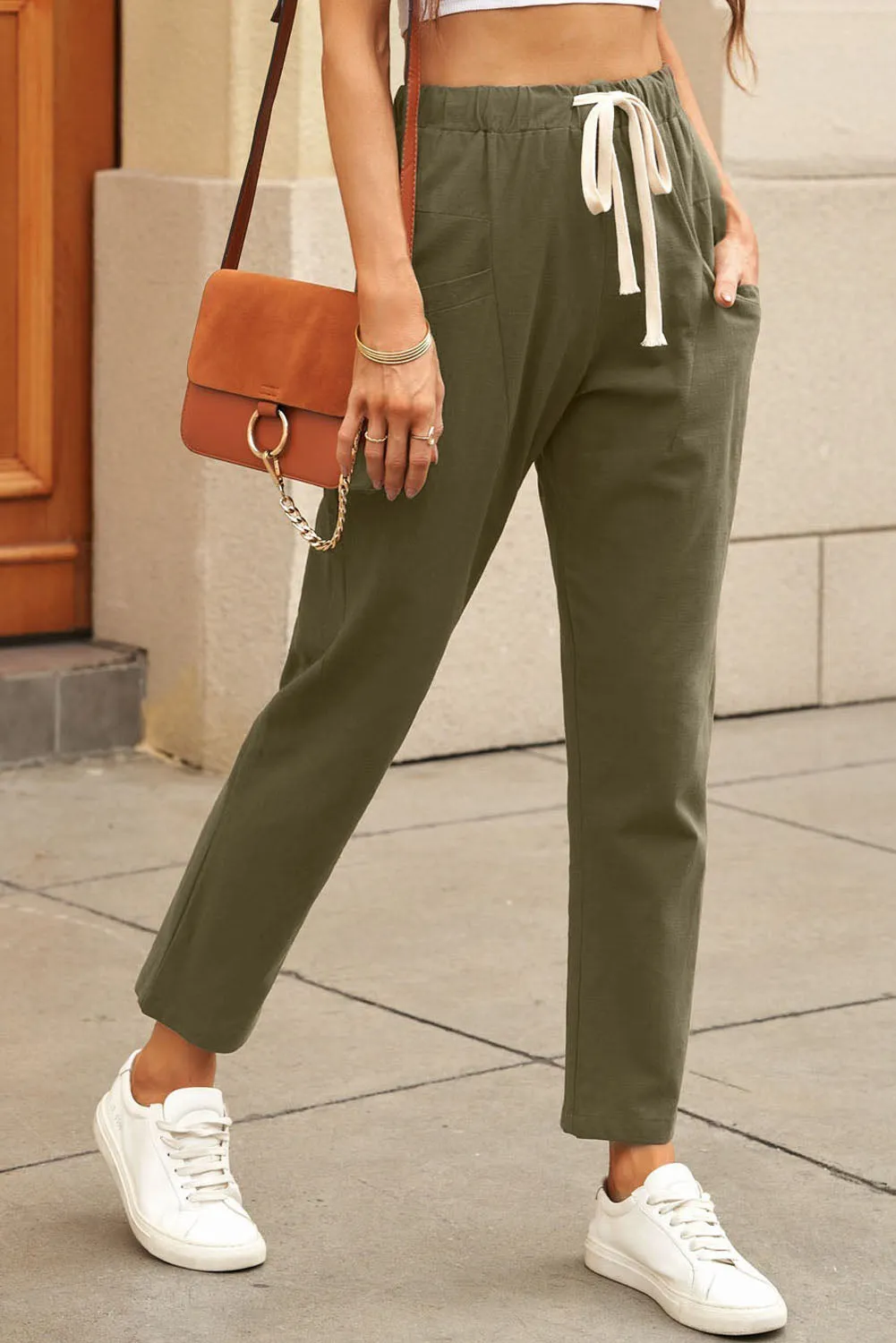 Solid Drawstring High Waist Pants with Side Pockets