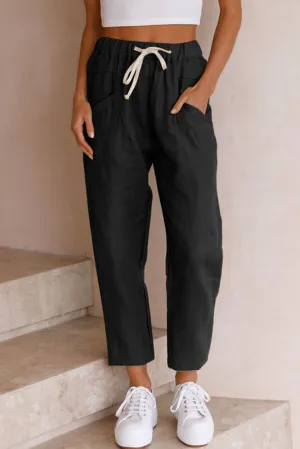 Solid Drawstring High Waist Pants with Side Pockets