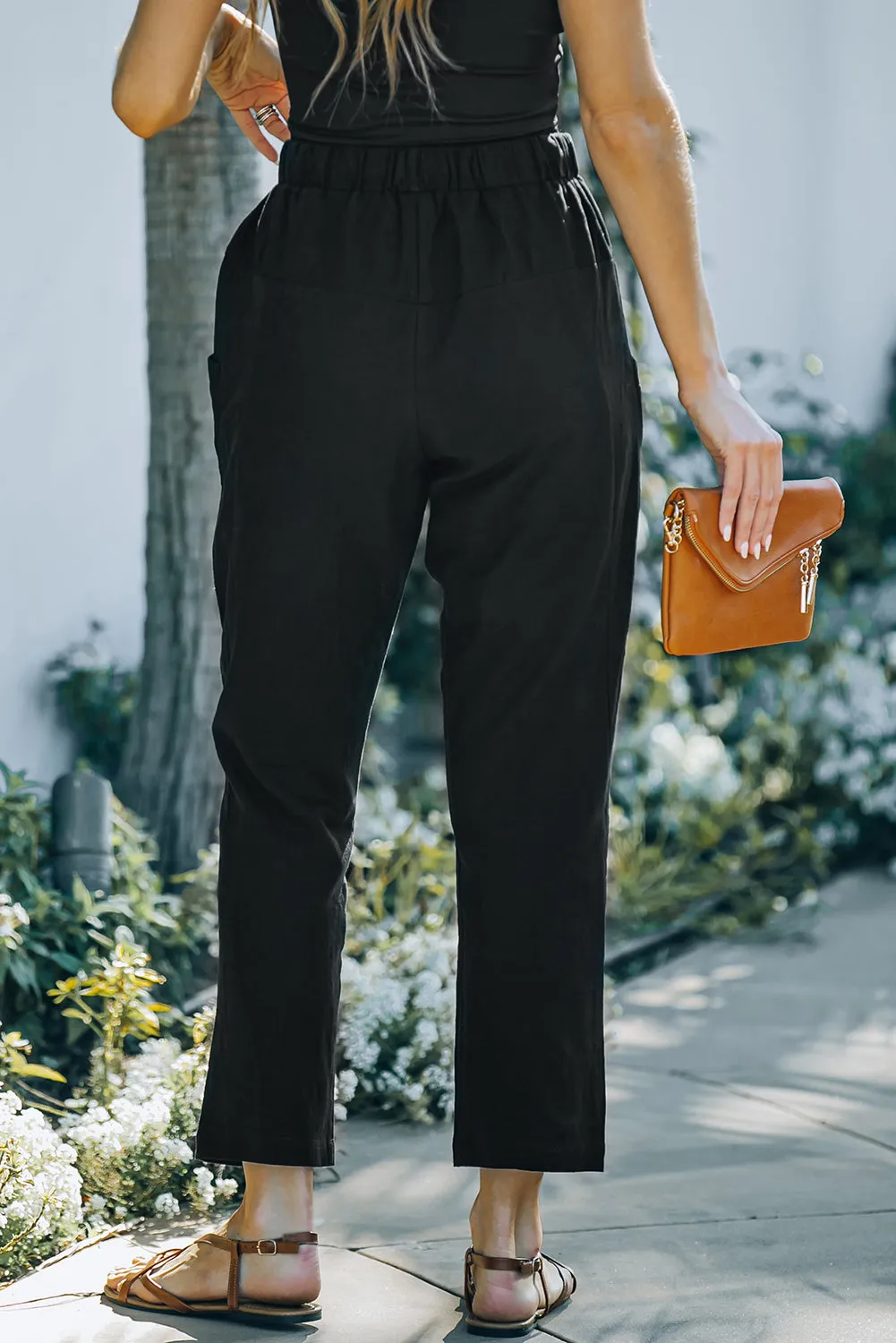 Solid Drawstring High Waist Pants with Side Pockets