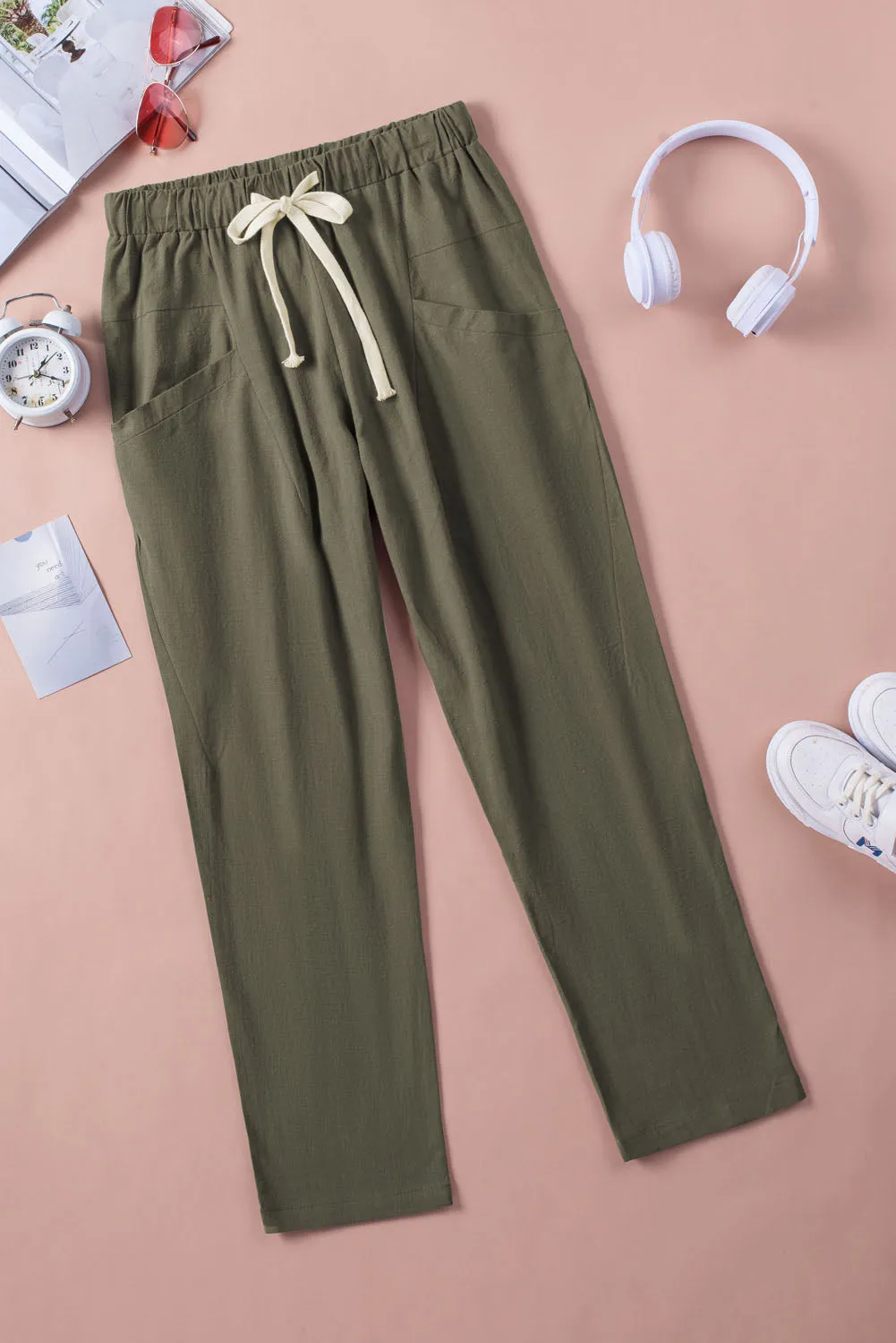 Solid Drawstring High Waist Pants with Side Pockets
