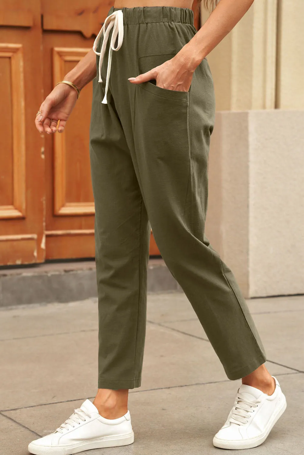 Solid Drawstring High Waist Pants with Side Pockets