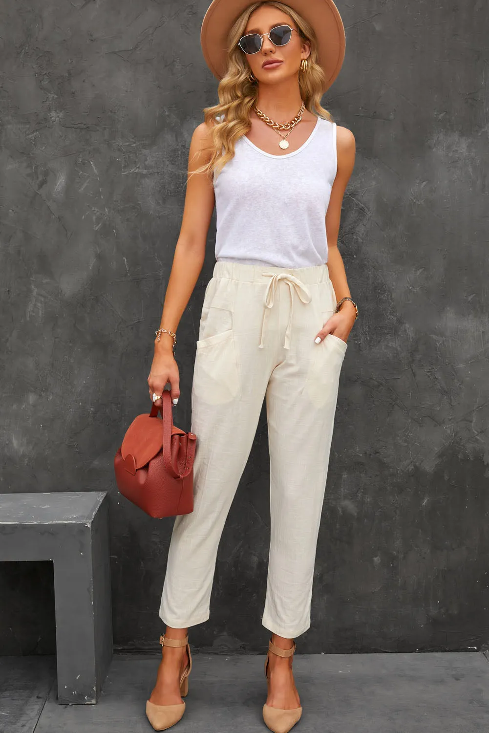 Solid Drawstring High Waist Pants with Side Pockets
