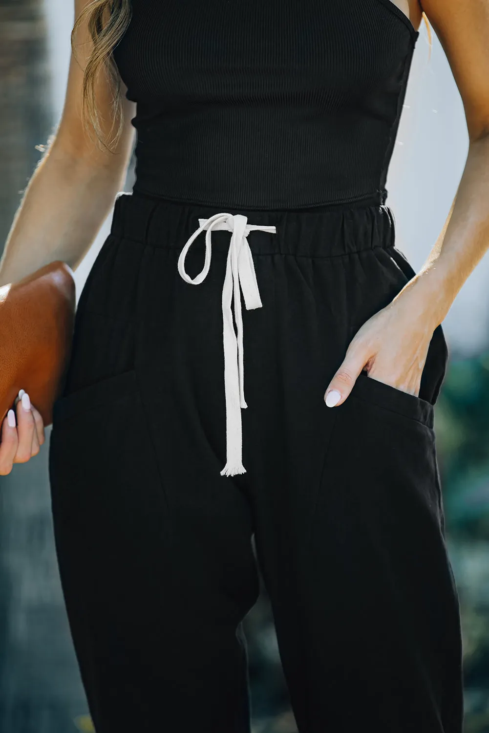 Solid Drawstring High Waist Pants with Side Pockets