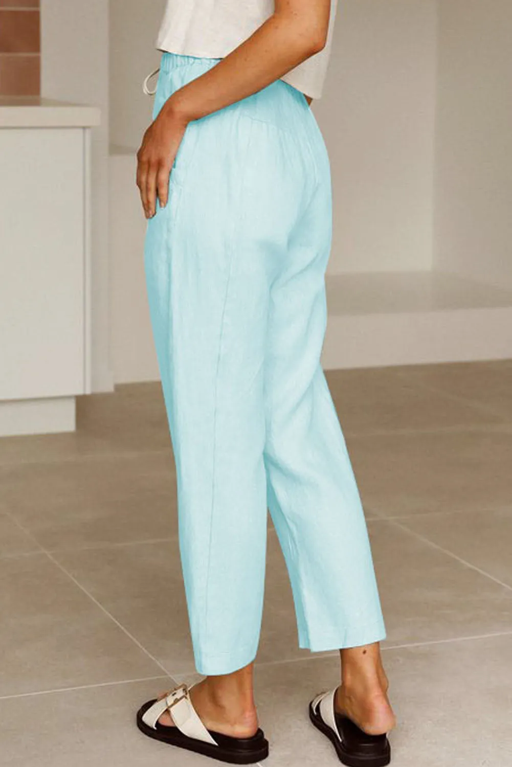 Solid Drawstring High Waist Pants with Side Pockets