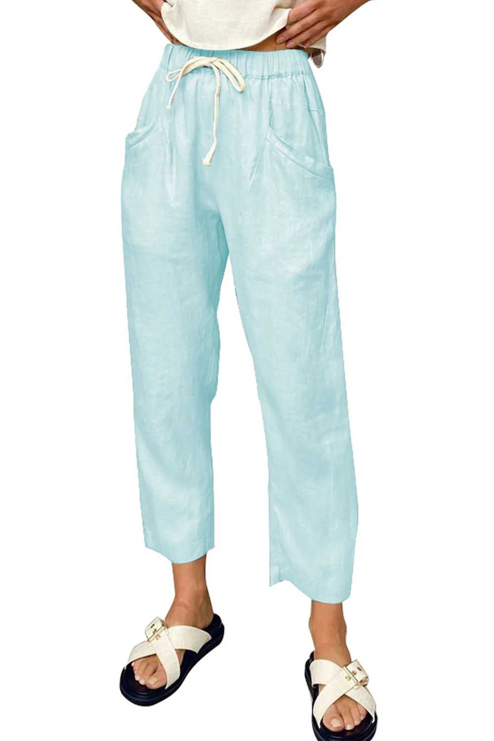 Solid Drawstring High Waist Pants with Side Pockets