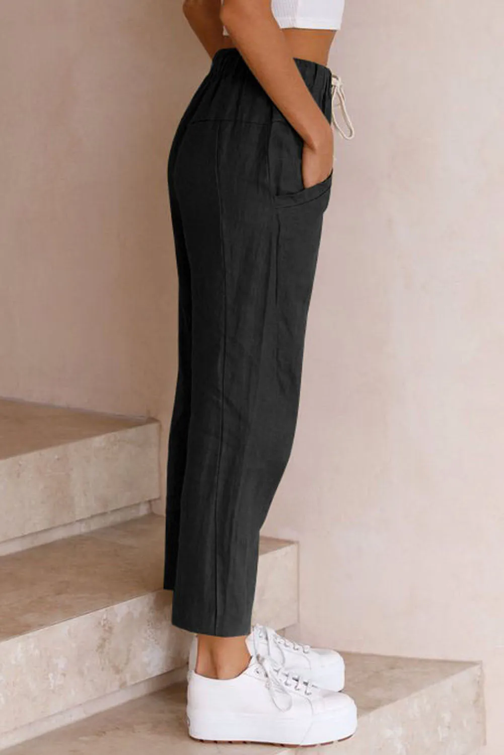 Solid Drawstring High Waist Pants with Side Pockets