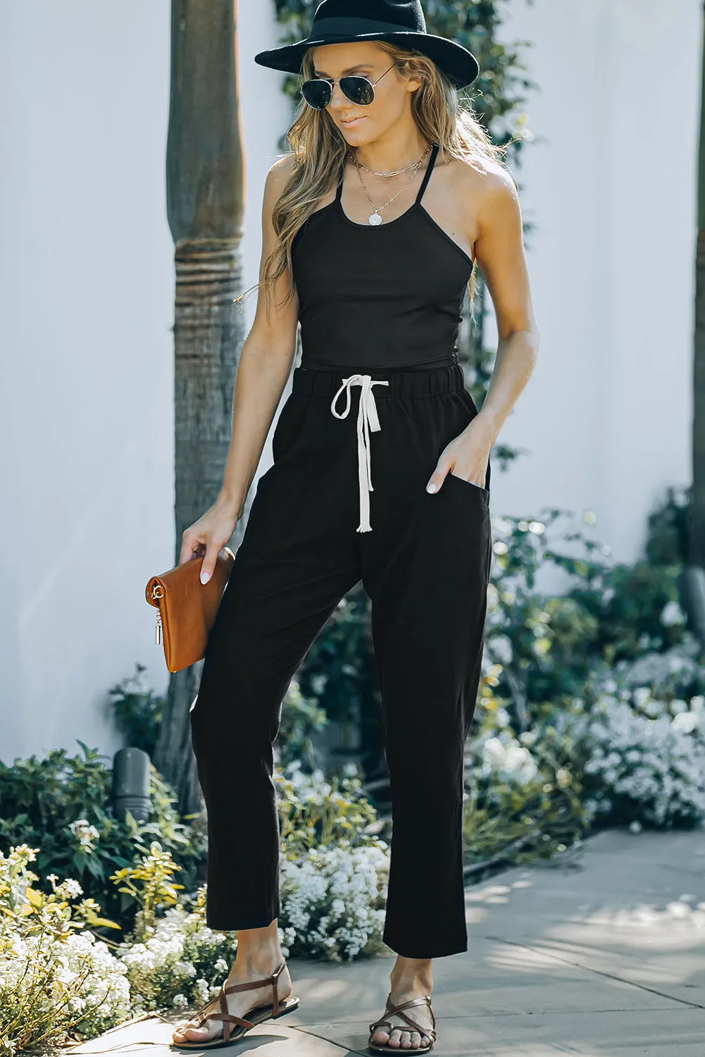 Solid Drawstring High Waist Pants with Side Pockets
