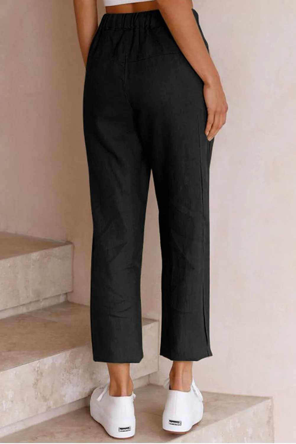 Solid Drawstring High Waist Pants with Side Pockets
