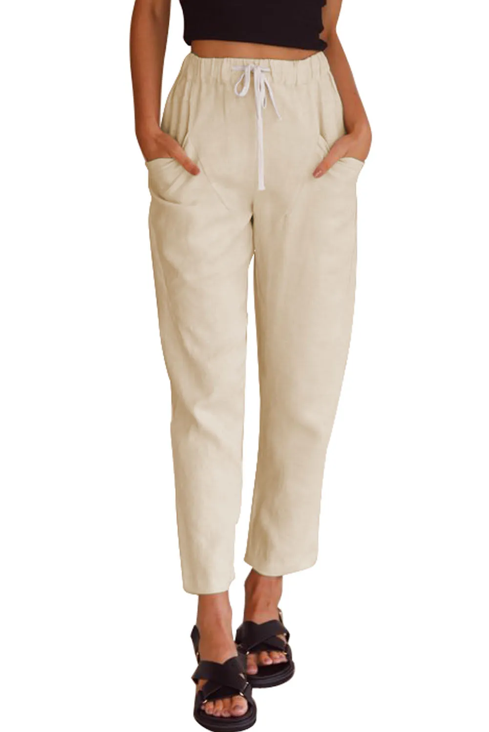 Solid Drawstring High Waist Pants with Side Pockets