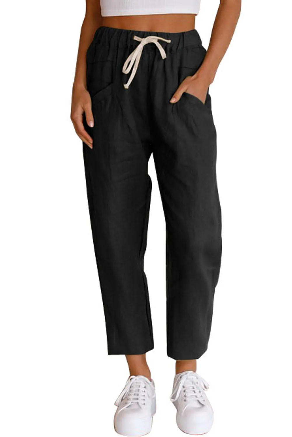 Solid Drawstring High Waist Pants with Side Pockets