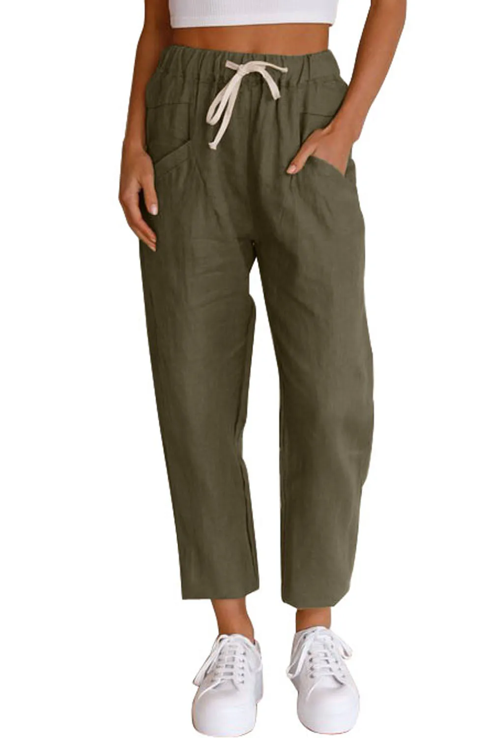 Solid Drawstring High Waist Pants with Side Pockets