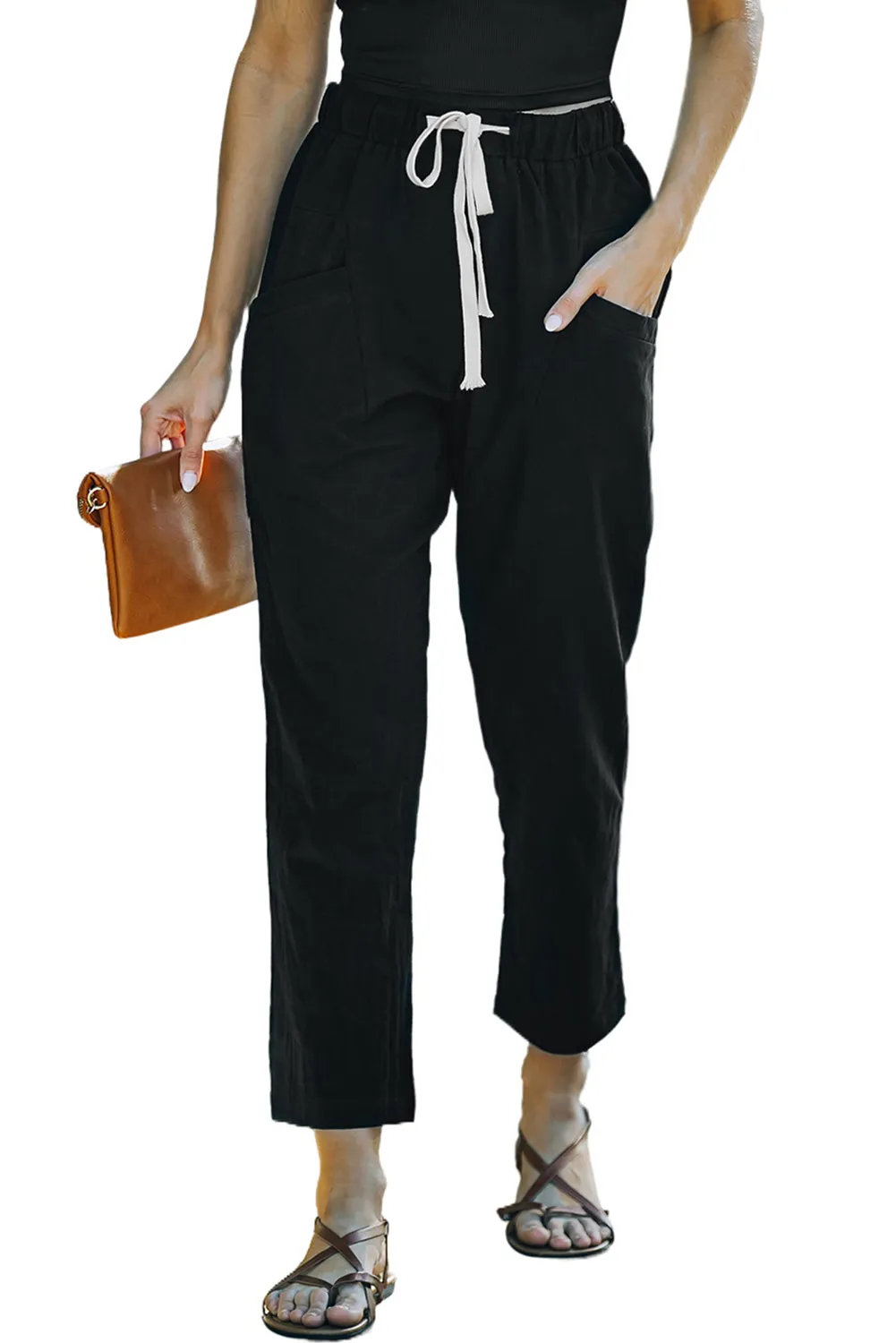Solid Drawstring High Waist Pants with Side Pockets