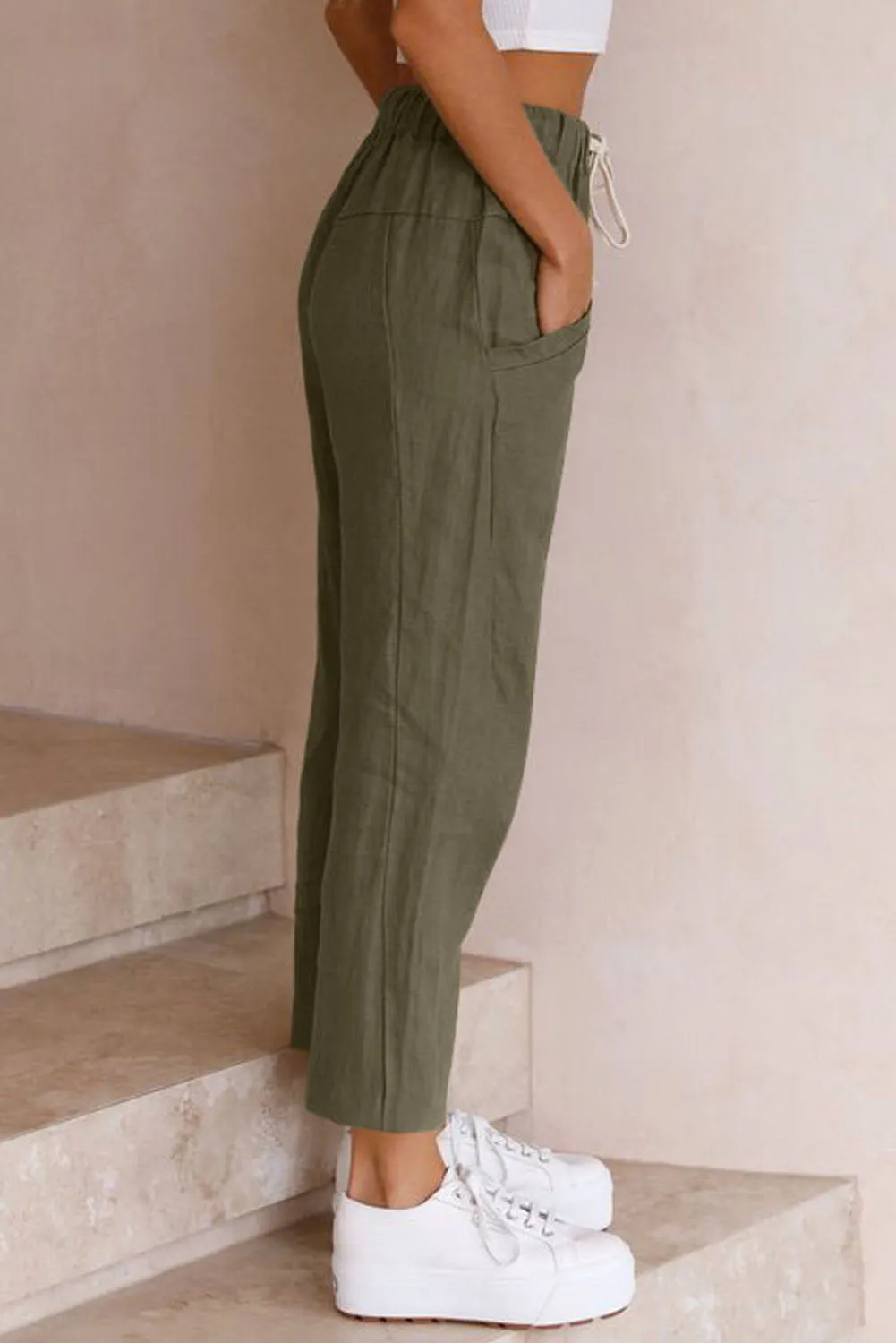 Solid Drawstring High Waist Pants with Side Pockets