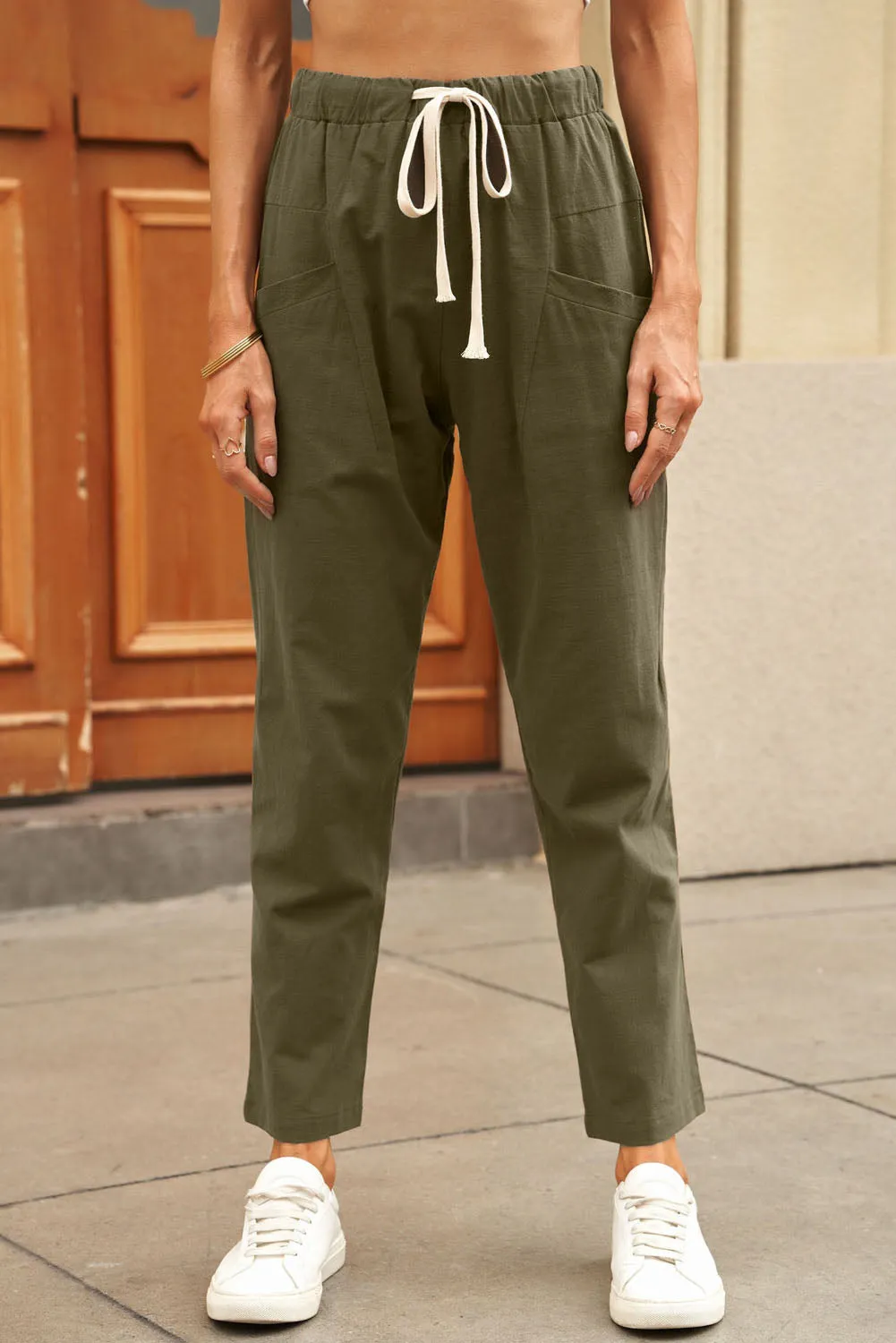 Solid Drawstring High Waist Pants with Side Pockets