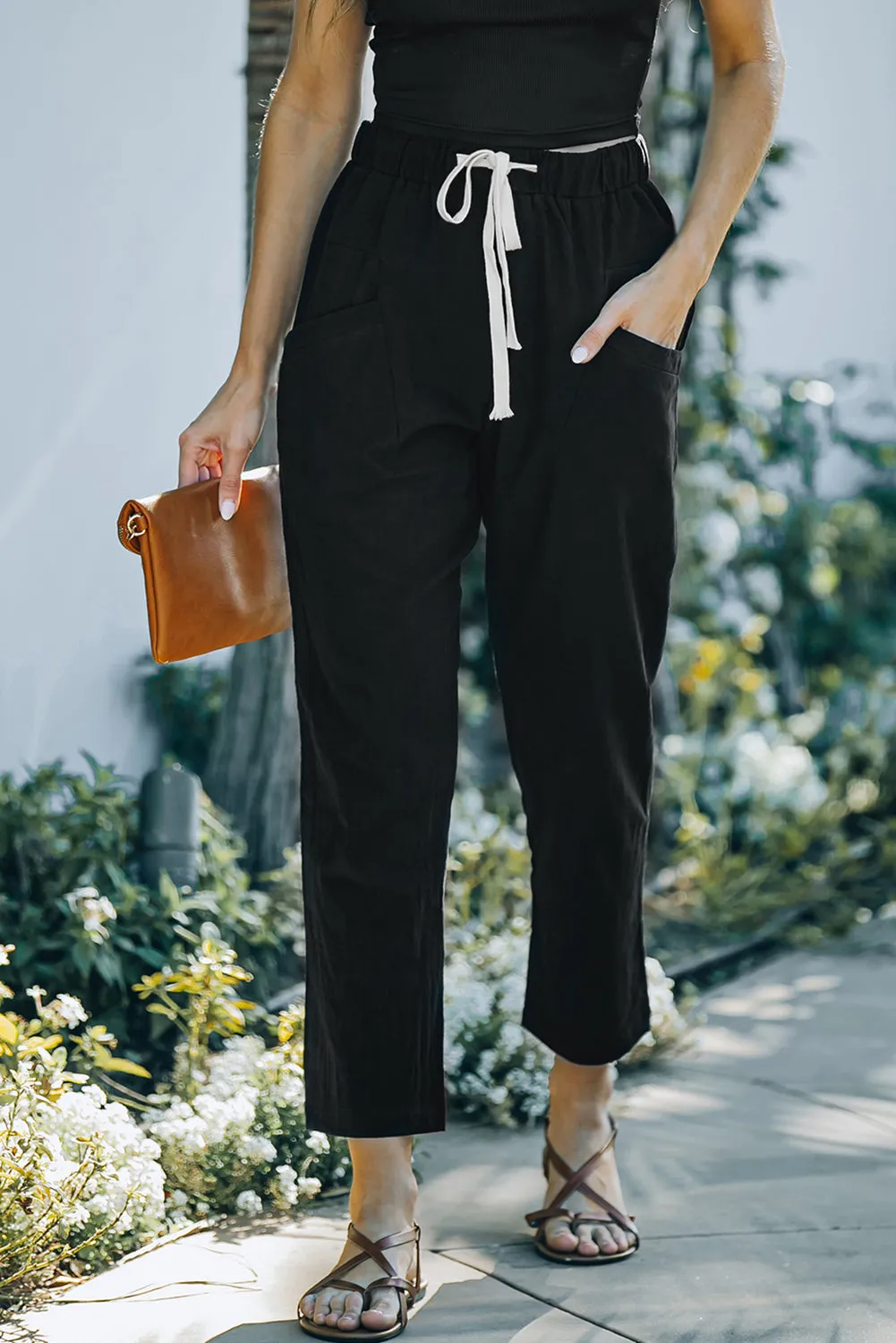 Solid Drawstring High Waist Pants with Side Pockets