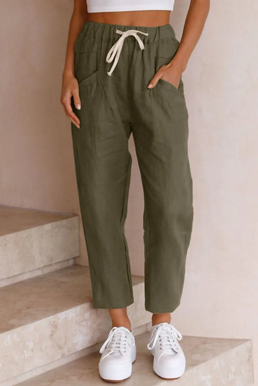 Solid Drawstring High Waist Pants with Side Pockets