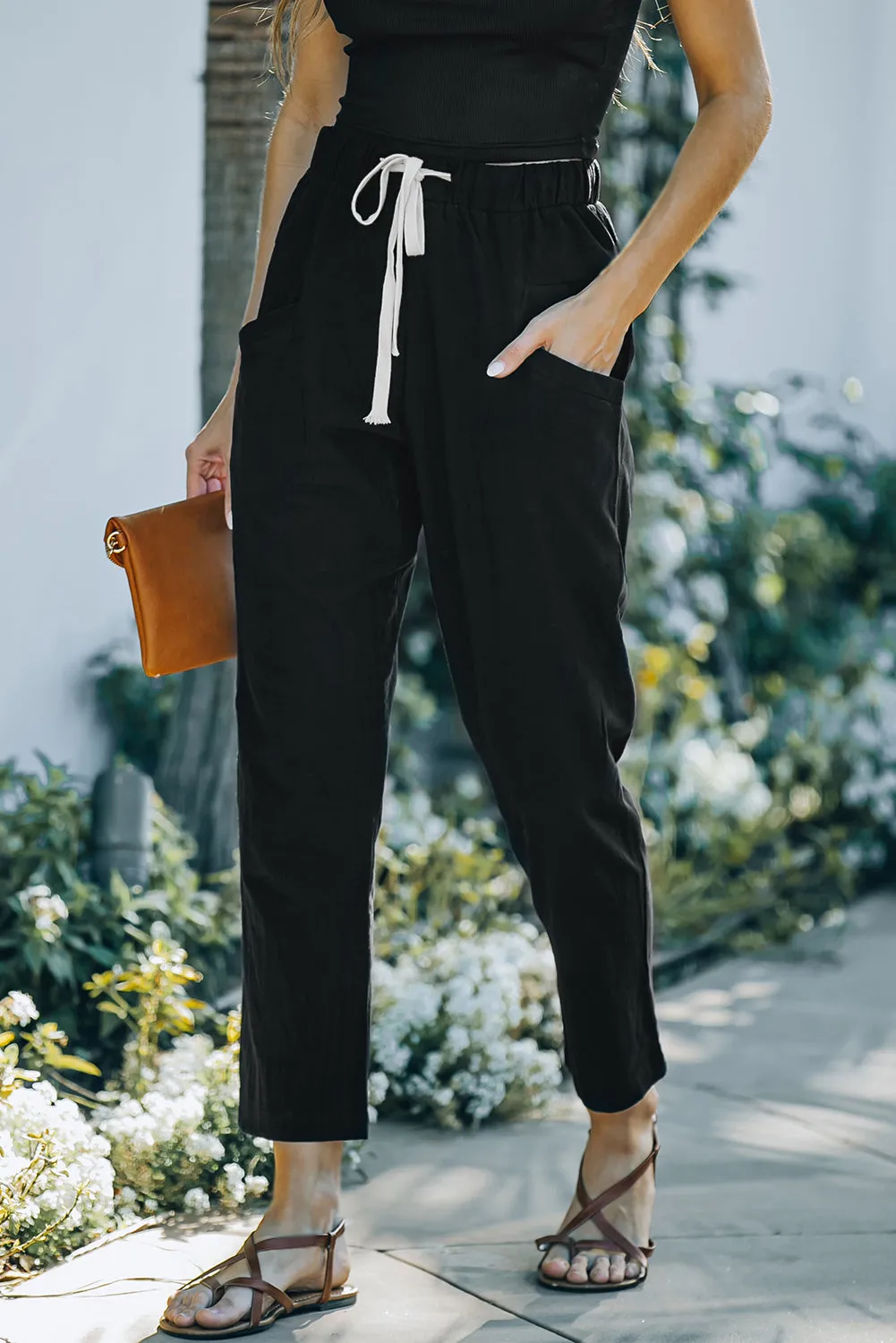 Solid Drawstring High Waist Pants with Side Pockets