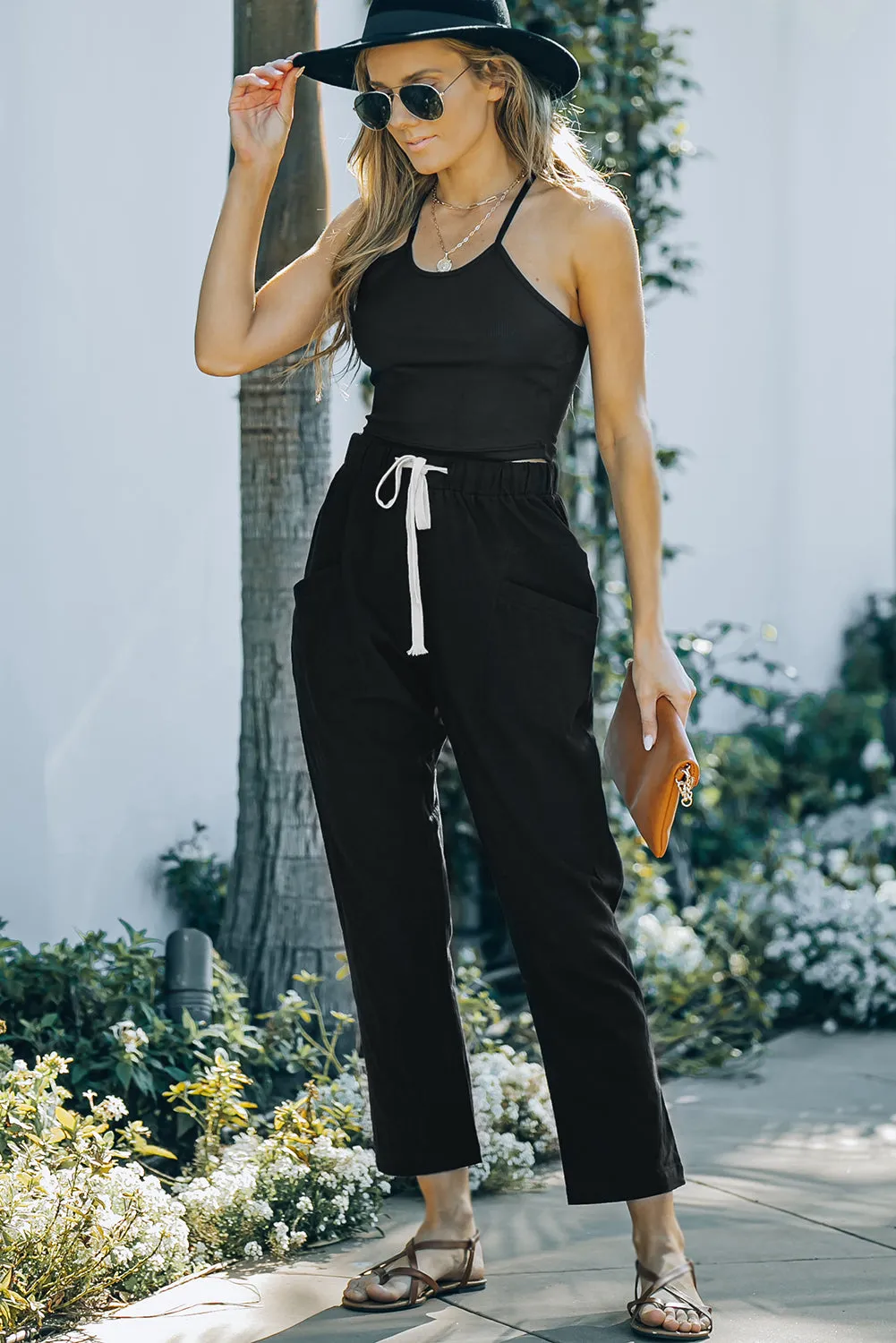 Solid Drawstring High Waist Pants with Side Pockets