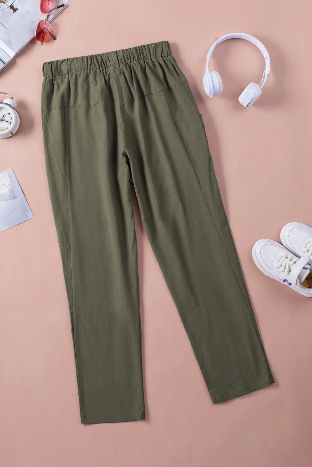Solid Drawstring High Waist Pants with Side Pockets