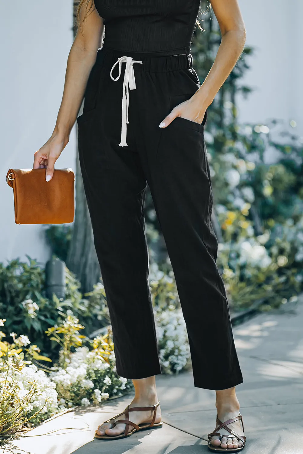 Solid Drawstring High Waist Pants with Side Pockets