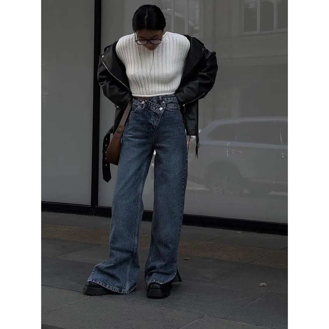 Split front cross Straight Jeans