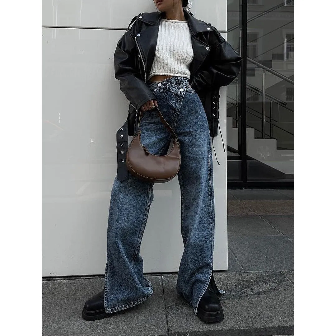 Split front cross Straight Jeans