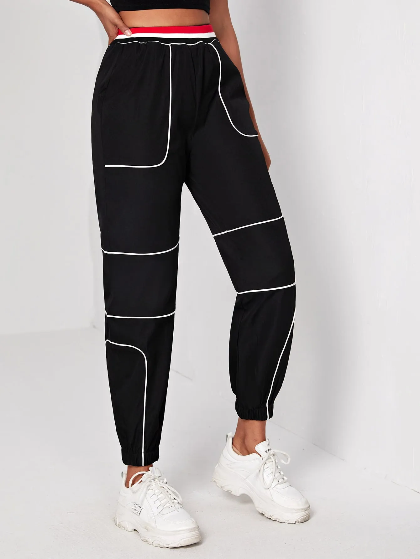 Sporty Colorblock High Waist Cropped Women Pants