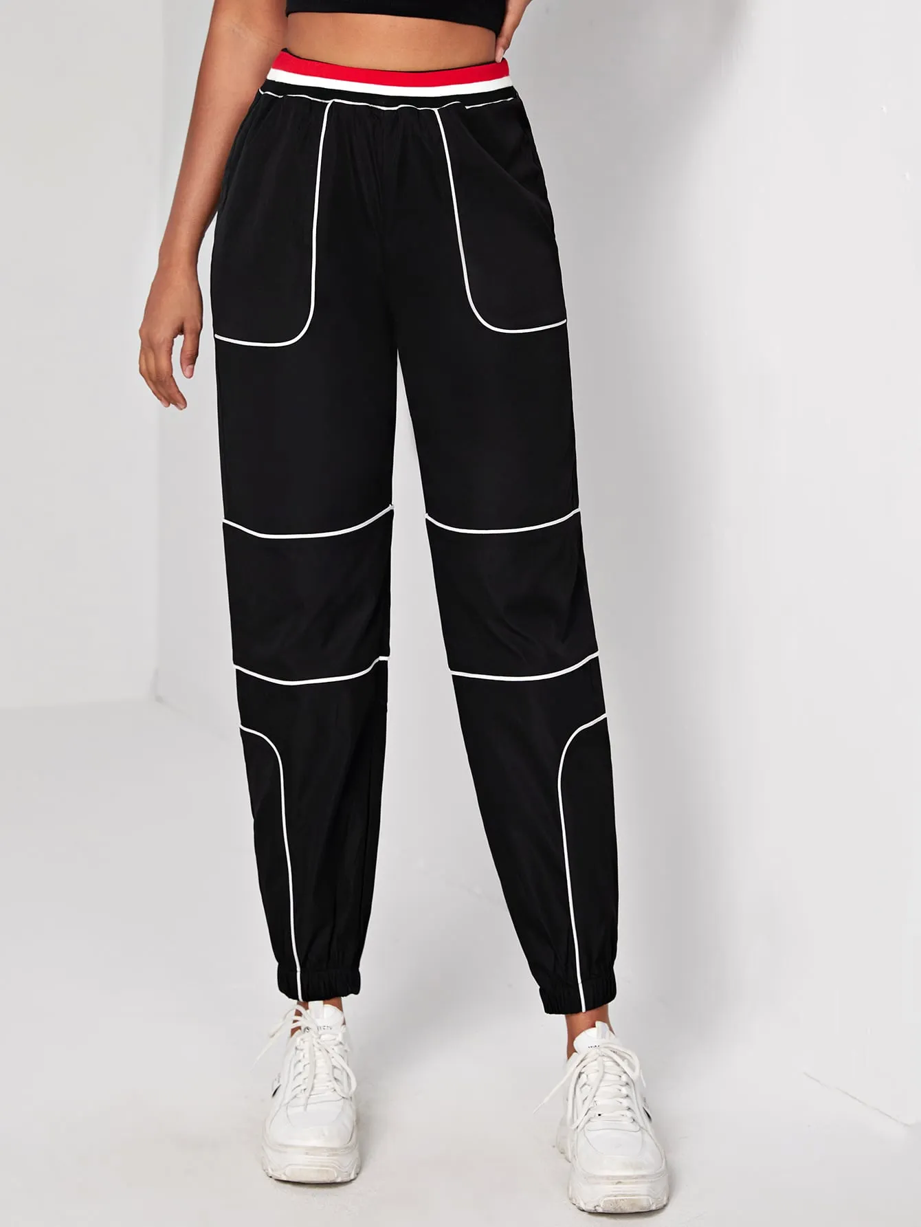 Sporty Colorblock High Waist Cropped Women Pants