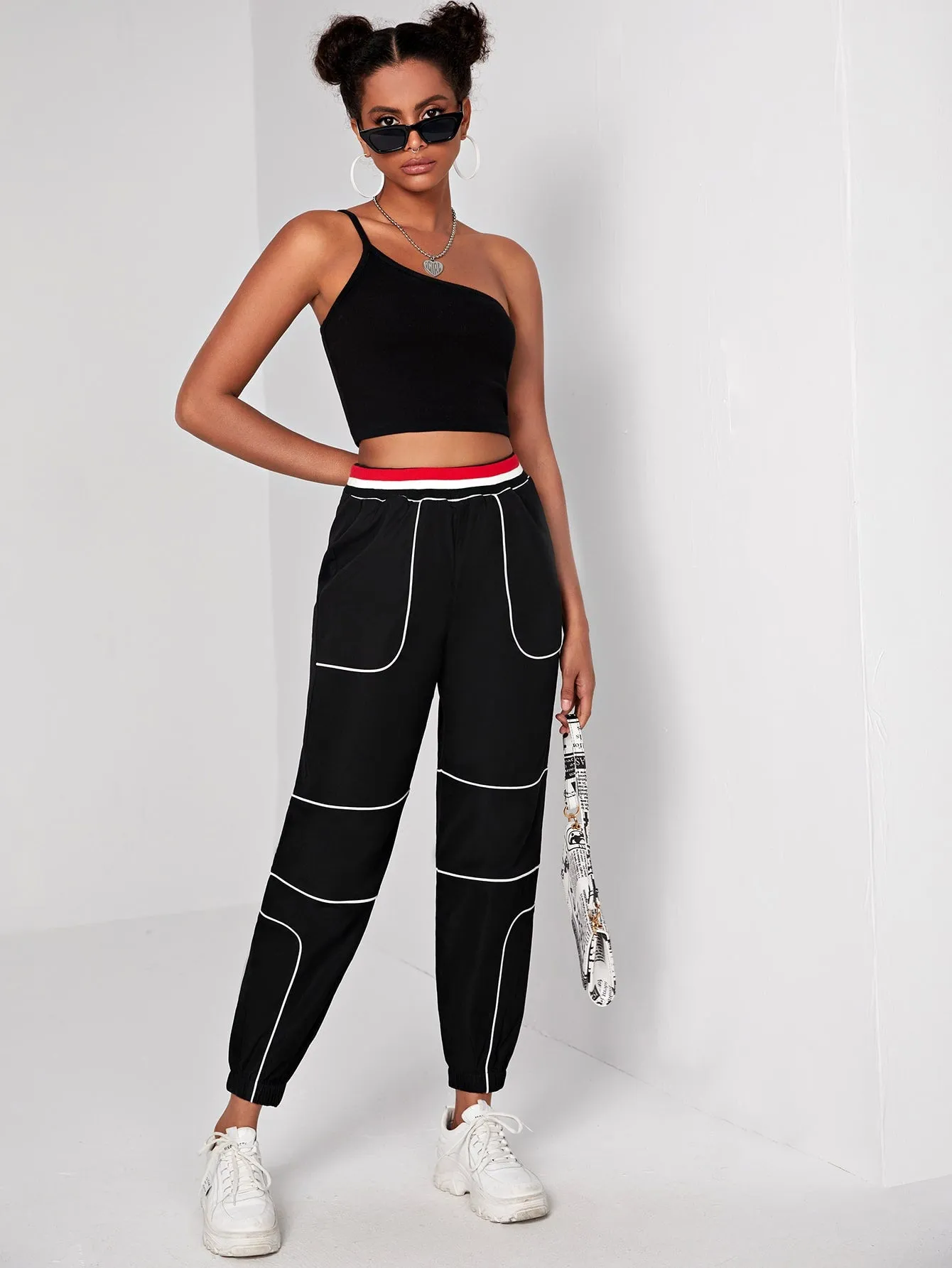 Sporty Colorblock High Waist Cropped Women Pants