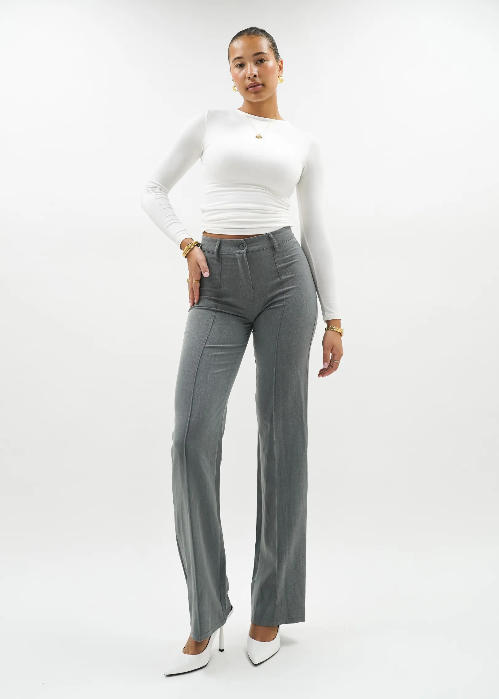 Straight leg pants met pressfold light washed grey (TALL)