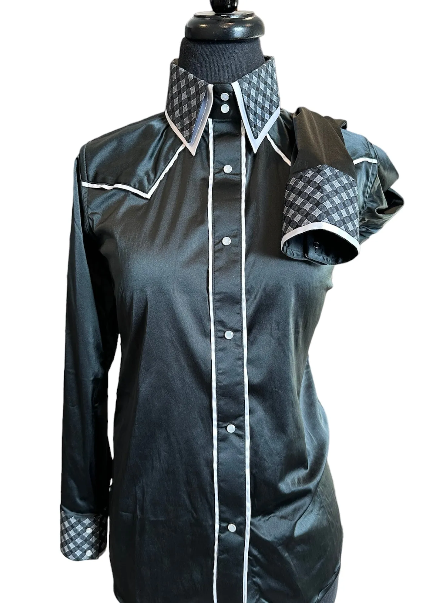 Stretch Satin Ranch Shirt Black and White with Plaid Accents
