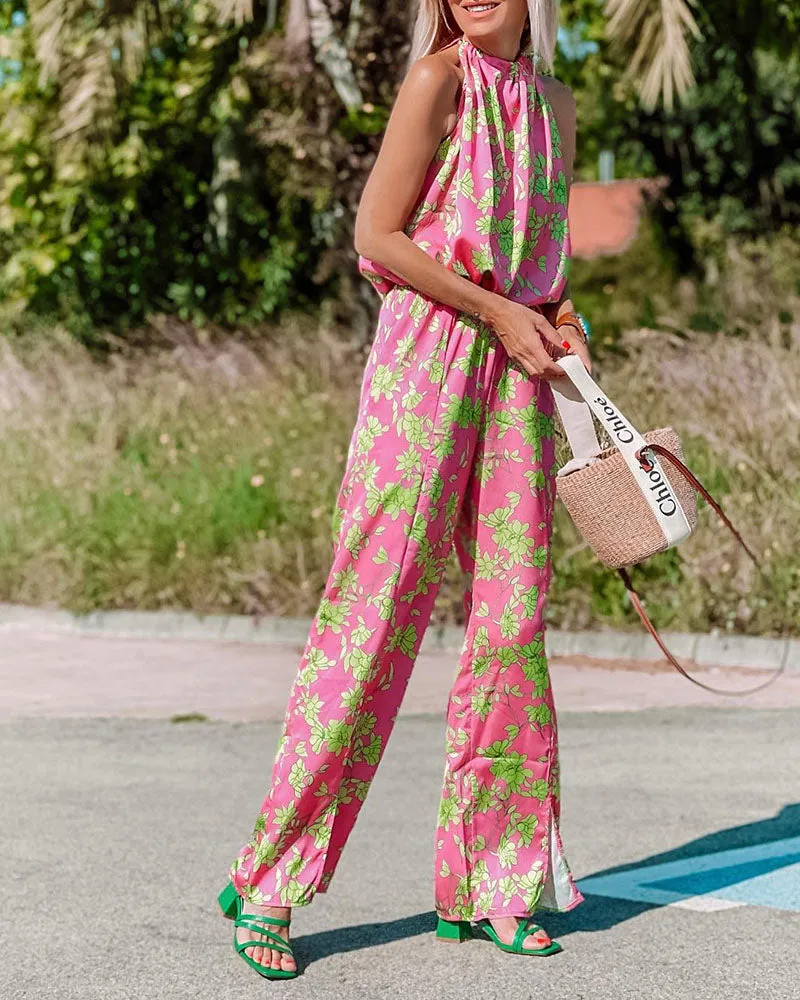 Summer BOHO style floral hanging neck straight jumpsuit