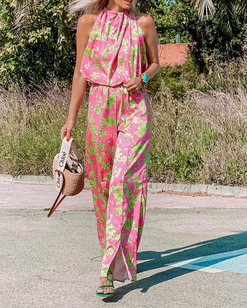 Summer BOHO style floral hanging neck straight jumpsuit