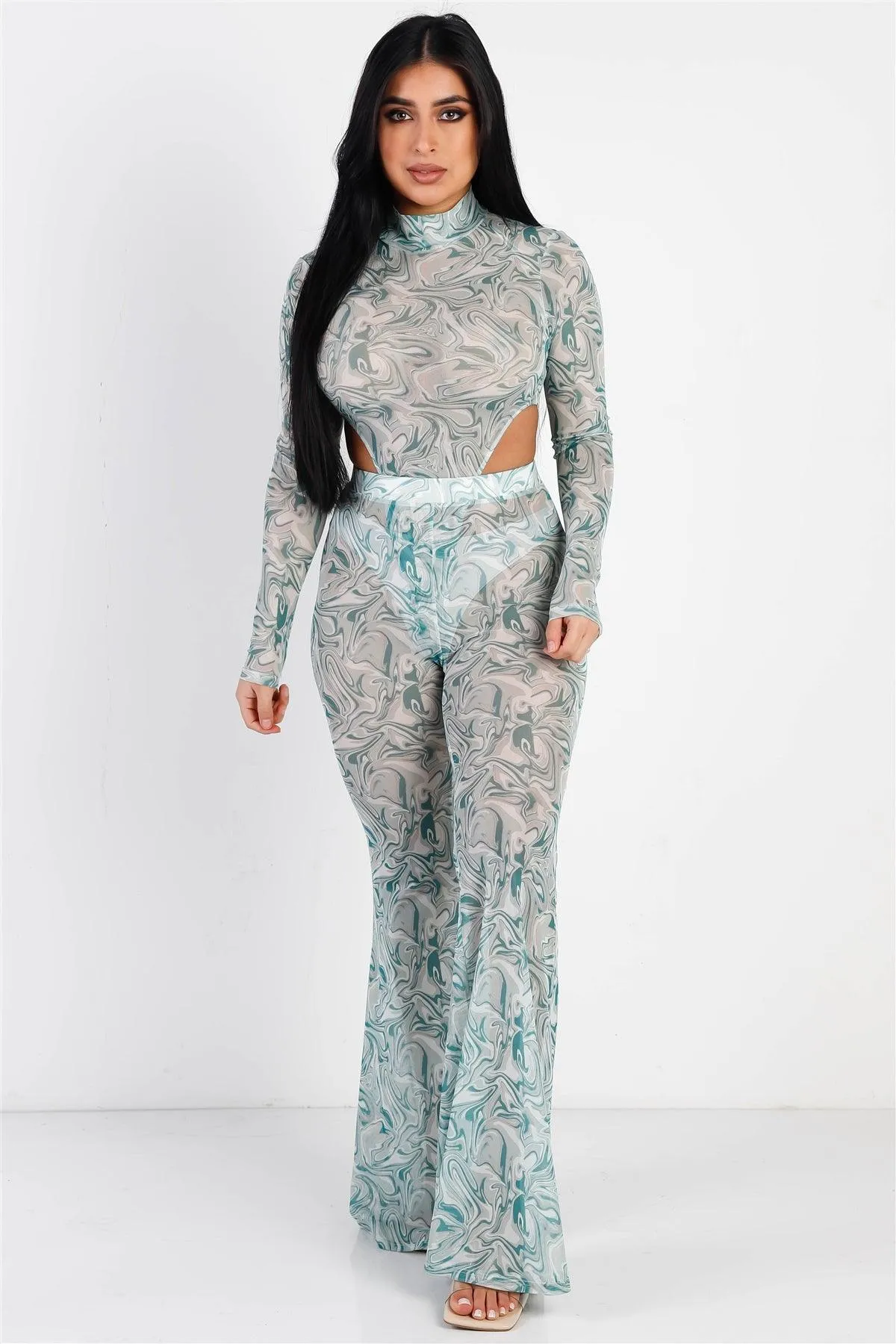 Swirl Mesh Mock Neck Bodysuit & Flare Pant Set /1-2